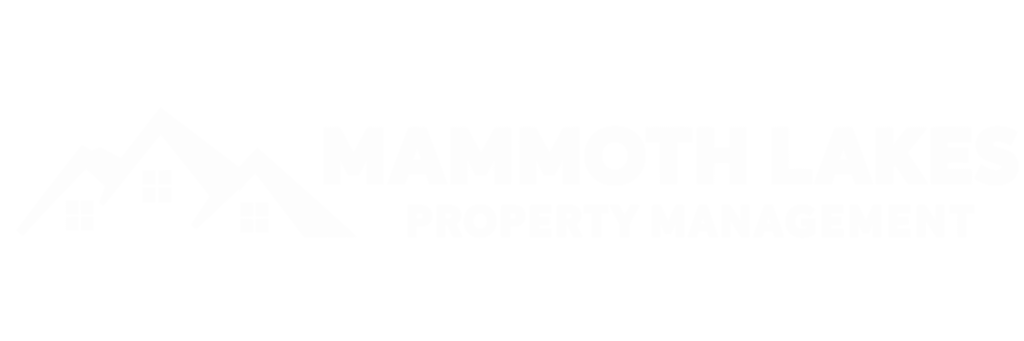 White logo with three mountain peaks and house icons, next to the text “Mammoth Lakes Property Management” on a light gray background.
