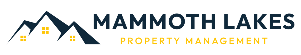 Logo of Mammoth Lakes Property Management featuring stylized mountain peaks with glowing windows, and the company name in bold, uppercase letters beside it.