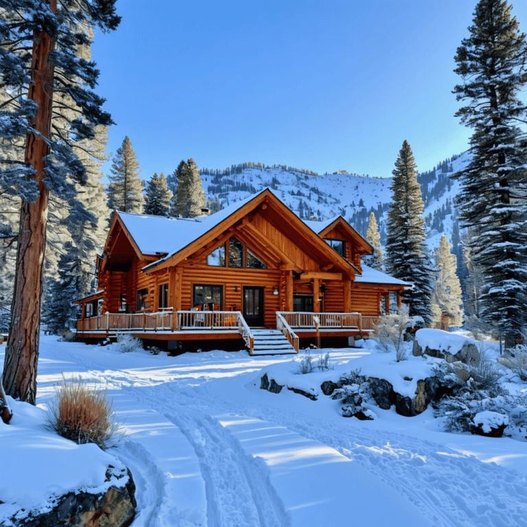 A log cabin surrounded by snow-covered trees and mountains, with a wooden deck and a path leading to the entrance. The sky is clear and blue.