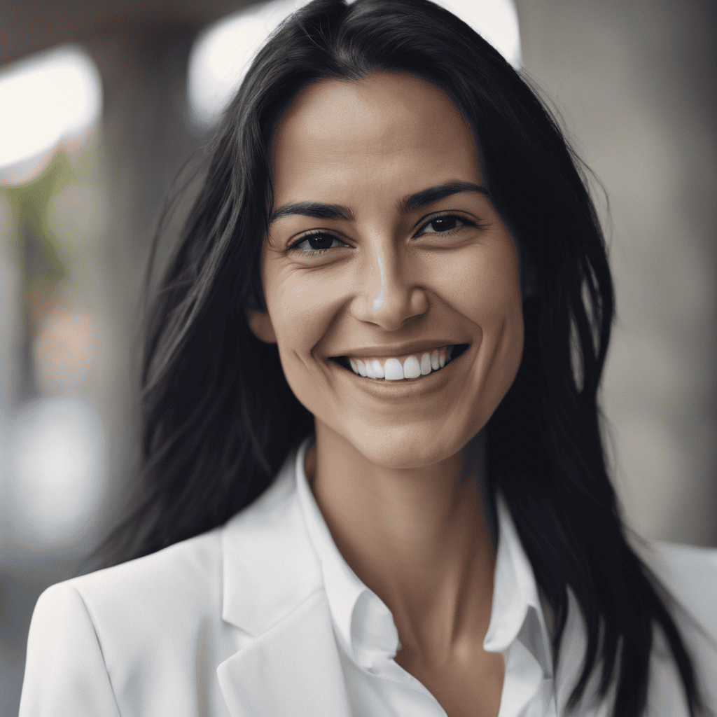 Woman with long dark hair smiling and wearing a white blazer in an outdoor setting.