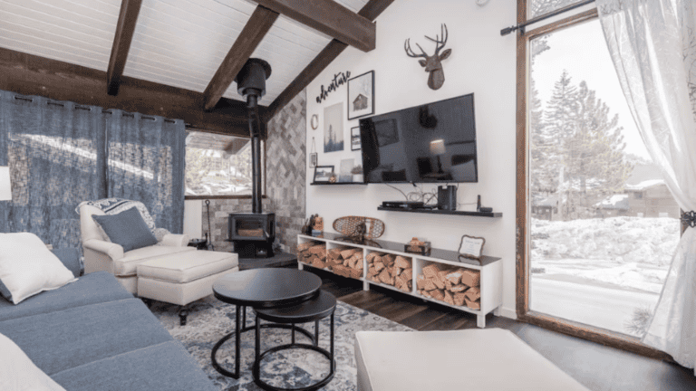 Cozy living room with wood stove, TV, and log storage. Large window showing snowy landscape. Blue and white decor with deer head wall art.