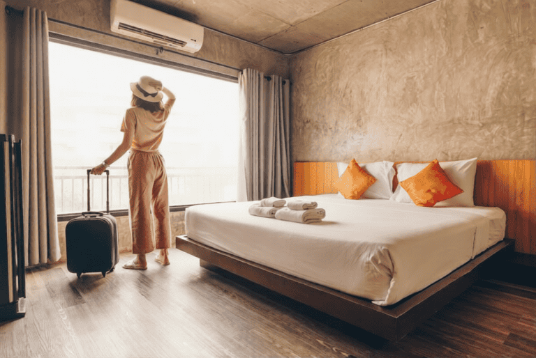 A person with a suitcase stands by a large window in a modern hotel room with a double bed, white linens, and two orange pillows.