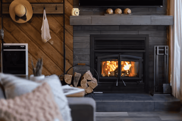A modern living room with a lit fireplace, stacked firewood, a gray sofa, and a wooden accent wall with hanging items.