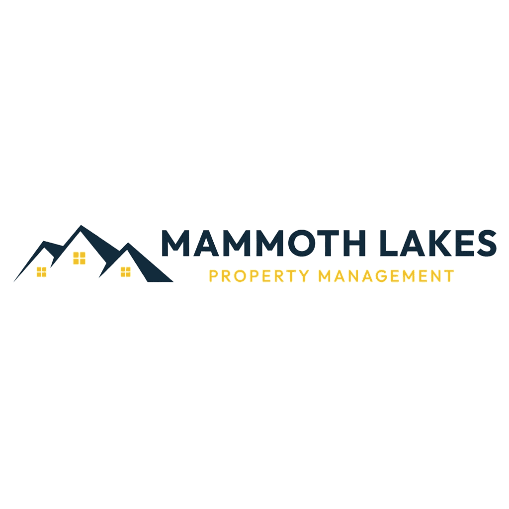 Logo with three stylized blue rooftops and yellow-lit windows next to the text “Mammoth Lakes Property Management” in blue and gold lettering on a white background.