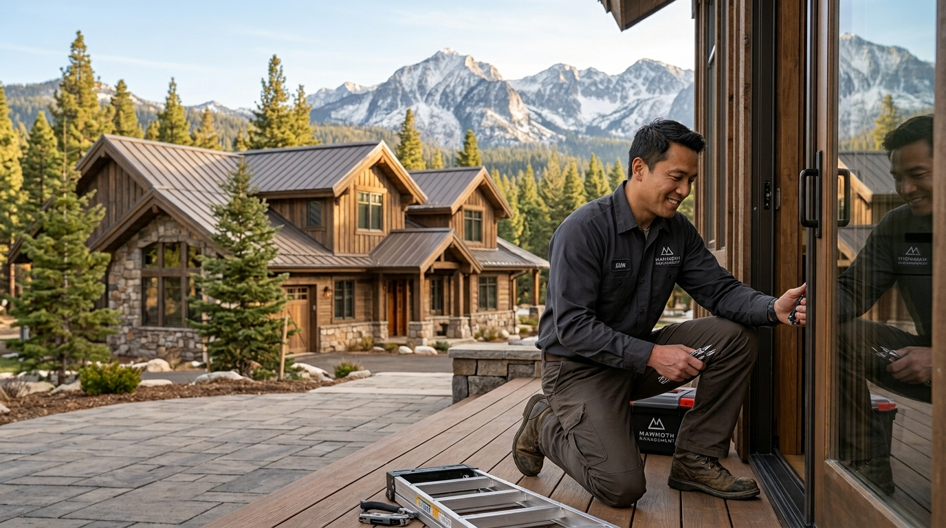 A man in work clothes fixes a glass door on a wooden deck, with modern cabins, pine trees, and snow-capped mountains in the background. A toolbox and ladder are beside him.