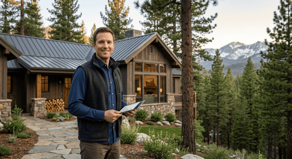 A man holding a tablet stands on a stone path outside a modern cabin-style house surrounded by trees, with snow-capped mountains in the background.