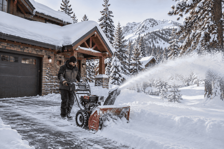 A person in winter gear clears snow from a driveway with a red snowblower in front of a house.