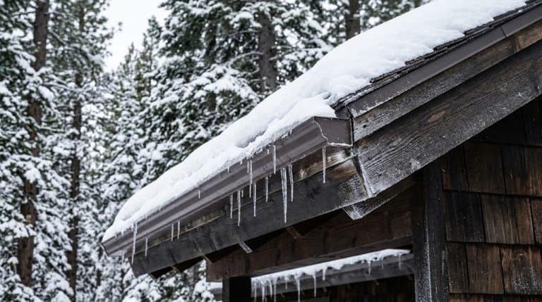 Icicles hanging from the snowy roofline of a wooden cabin in a forest.