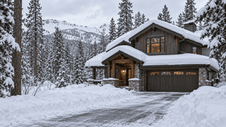 A two-story mountain home with wood siding and a stone-accented garage, surrounded by deep snow and a pine forest with mountains in the background.